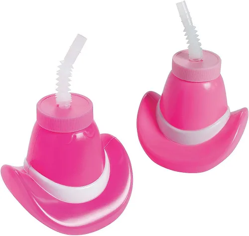 Fun Express Juego de 12 tazas de sombrero de vaquera rosa con pajitas, capacidad para 14 onzas, 4 pulgadas con popote de 7.5 pulgadas, plástico