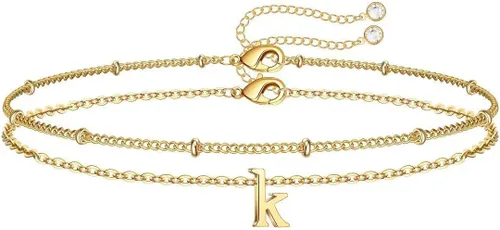 Memorjew Pulseras con iniciales para mujer, chapados en oro de 14 quilates, pulseras con iniciales en capas para mujeres y niñas, regalos de
