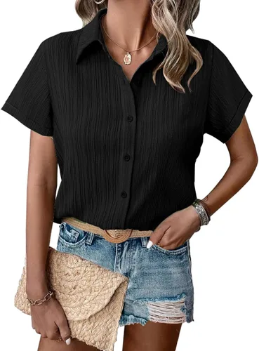HOTOUCH Camisa de vestir de manga corta con botones para mujer, cuello en V, con botones, para verano, con textura, para el trabajo