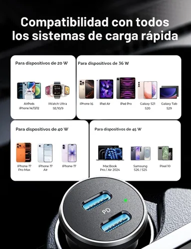 Miniatura 6 de LISEN Cargador de coche USB C de 90 W para iPhone 17, cargador de automóvil de 40 W, carga rápida, 2 puertos PD 45 W y cargador USB QC 3.0