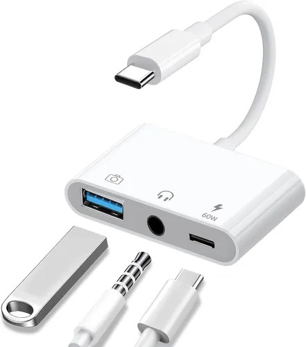 Adaptador de Aux a USB C a USB, Adaptador OTG USB 3-en-1 con Adaptador de Audio USB C a 3.5mm y Puerto de Carga Rápida PD de 60W, Compatible con