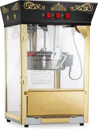 Olde Midway Máquina de palomitas de maíz estilo cine con hervidor de 10 onzas, color negro, estilo vintage para encimera