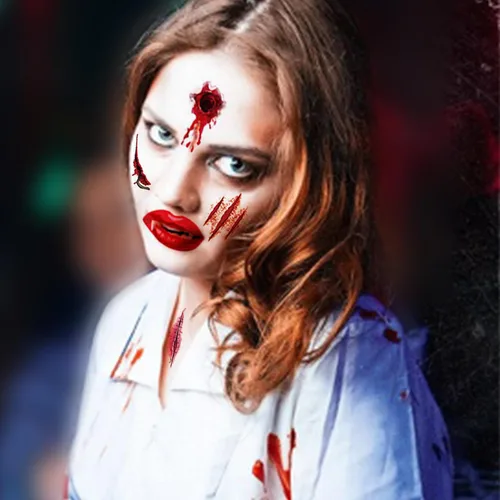 Miniatura 9 de 9 piezas de tatuajes temporales de broma de Halloween, cicatrices sangrientas de zombi 3D, costras falsas de puntada de herida, tatuajes de cara