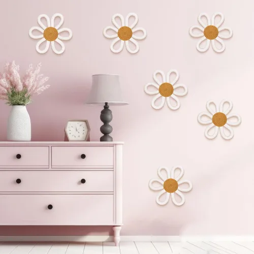 Miniatura 5 de Zeyune 6 piezas de decoración de pared de margaritas bohemias tejidas en macramé, frontones de pared bohemios, margaritas florales, decoración