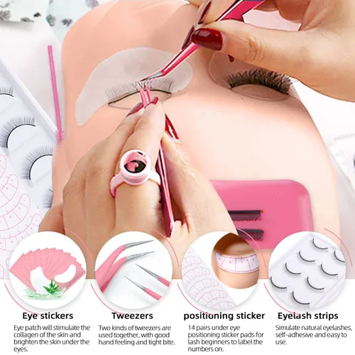 Miniatura 6 de Kit de extensión de pestañas profesional con cabeza de maniquí, párpados extraíbles, ventilador de pestañas USB, pestañas postizas individuales, Rosa