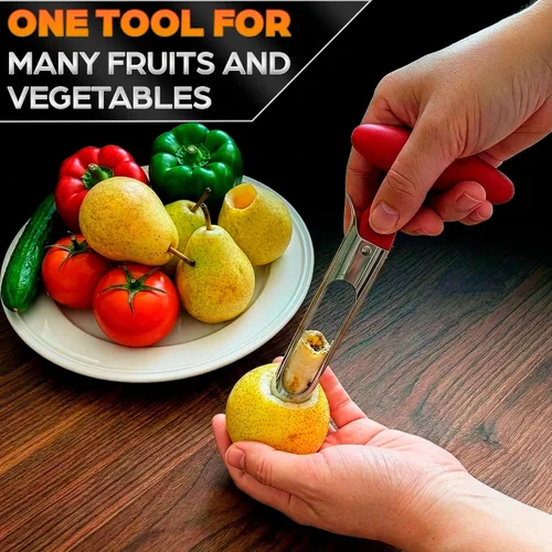 Miniatura 8 de Herramienta descorazonadora de manzana, removedor de núcleo de manzana con mango ergonómico rojo, acero inoxidable duradero y seguro para alimentos