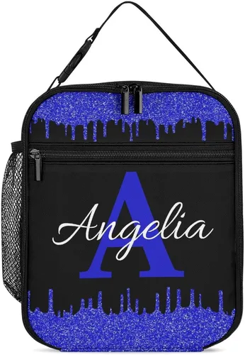 Miniatura 17 de Bolsa de almuerzo con nombre personalizado para hombres y mujeres, con monograma de purpurina azul, hielera, portátil, con nombre, para niñas, azul