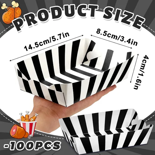 Miniatura 2 de Yaomiao 100 bandejas de papel a rayas, botes de papel para comida, nachos y perritos calientes, platos desechables para carnaval, ferias, Negro