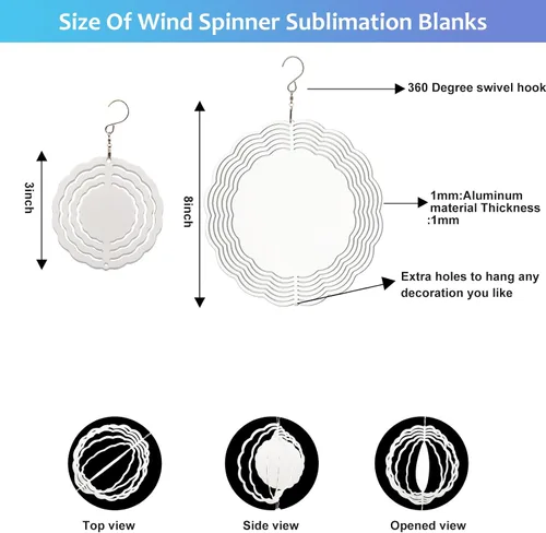 Miniatura 2 de Paquete de 4 hilanderos de viento de sublimación, 3 pulgadas, 8 pulgadas, aluminio 3D, molinillos de viento colgantes, productos de sublimación