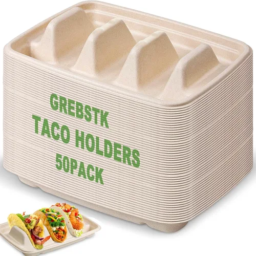 Miniatura 10 de GREBSTK Paquete de 30 soportes desechables para tacos, platos de taco de pulpa de bagazo compostables con 3 divisores para fiesta de tacos, juego