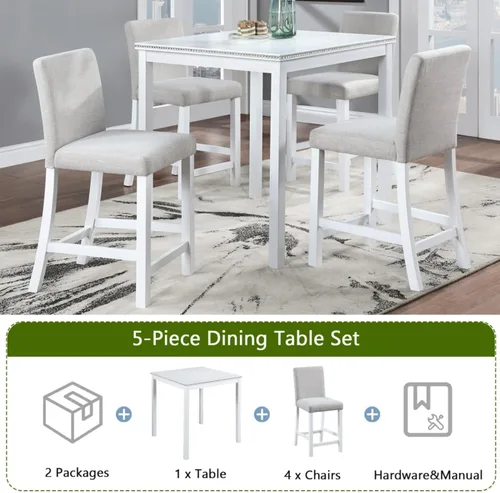 Miniatura 4 de Juego de mesa de comedor de madera de 5 piezas, juego de mesa de cocina con una mesa rectangular y 4 sillas tapizadas