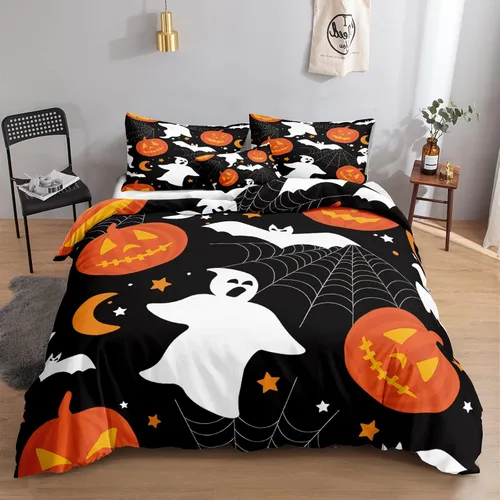 Miniatura 11 de Juego de funda de edredón de calabaza para Halloween, divertido diseño de calabaza malvada, color negro, juego de ropa de cama Tiwn 1 funda