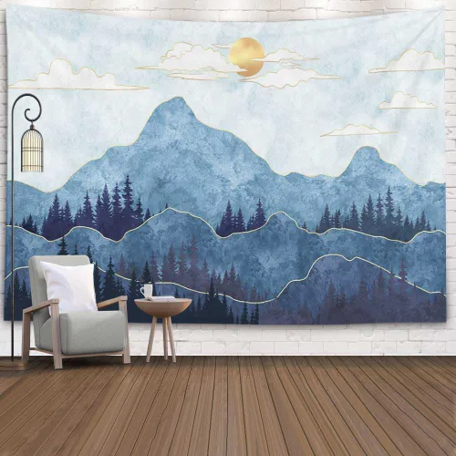 Miniatura 6 de EMMTEEY Tapiz de pared con bosque - Árbol de pino verde y niebla, arte de pared natural, 80x60 pulgadas, tapiz grande de estilo bohemio para sala
