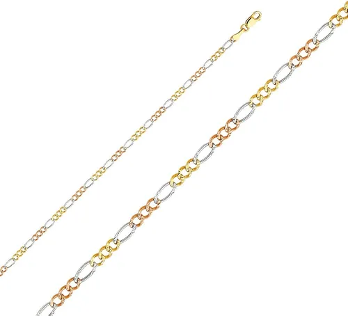 Miniatura 2 de Wellingsale 14k Tri 3 Color Gold Solid 2.5mm Figaro 3+1 Concave Chain Necklace