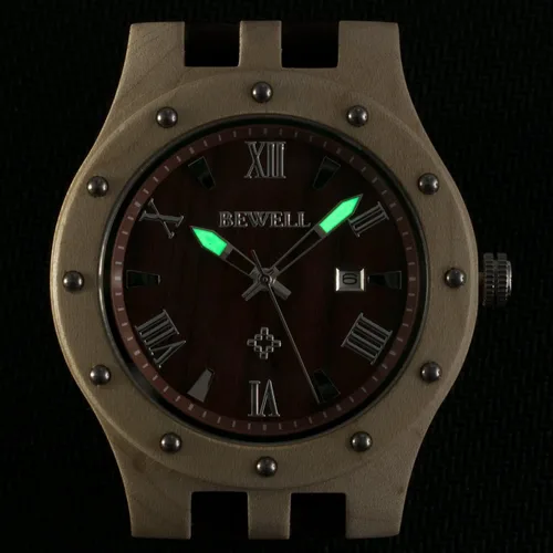 Miniatura 6 de Bewell Relojes de madera para hombre, reloj de pulsera luminoso de cuarzo analógico hecho a mano