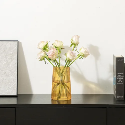 Miniatura 5 de Jarrón de vidrio ámbar para flores, florero para ramo, jarrones de vidrio modernos, jarrones acanalados para sala de estar, dormitorio, mesa