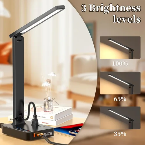 Miniatura 4 de COZOO Lámpara de escritorio LED con 3 puertos de carga USB, 2 tomas de corriente CA, 3 modos de color y 3 niveles de brillo, función