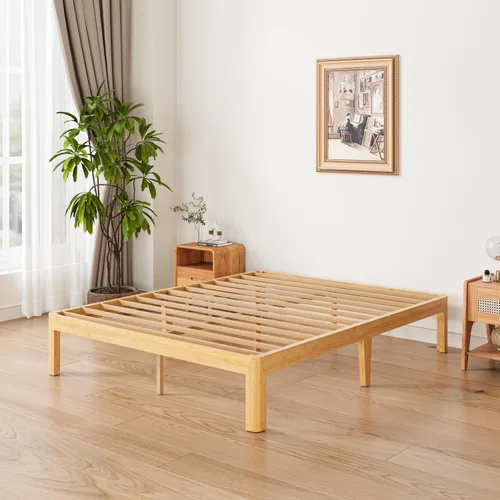 Miniatura 8 de ZIYOO Marco de cama de plataforma de bambú de tamaño matrimonial de 12 pulgadas, diseño minimalista moderno, soporte resistente, fácil montaje,