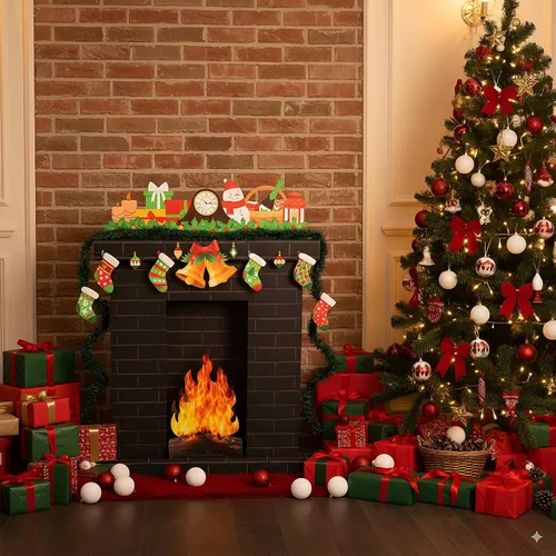 Miniatura 2 de AmazingSpark Chimenea de cartón corrugado de Navidad de 35.5 x 29 x 8 pulgadas, chimenea de cartón con media llama de fuego 3D, campana de pino