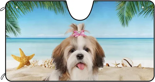 Parasol para parabrisas delantero de automóvil con texto en inglés "A Happy Young Shih Tzu Dog Puppy in the Beach", decoración de verano, parasol