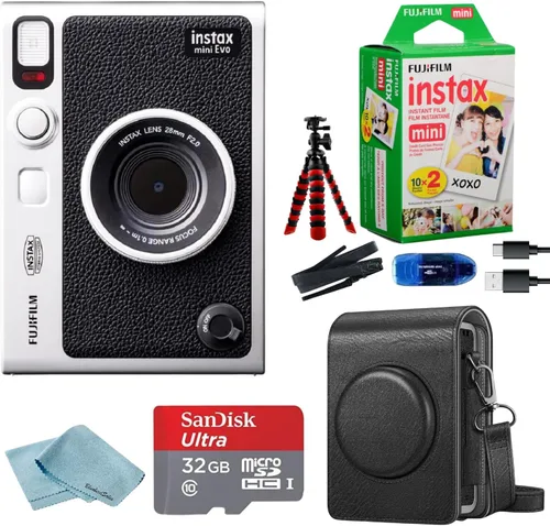 Fujifilm Paquete de cámara híbrida Instant Mini EVO con 20 hojas de película instantánea + tarjeta de memoria de 32 GB + funda de transporte +