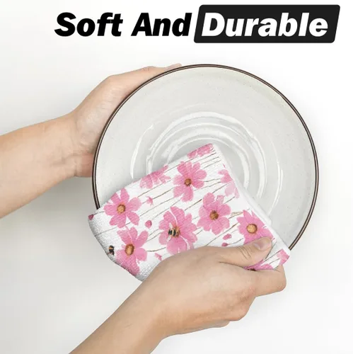 Miniatura 5 de Artoid Mode Juego de 2 toallas de cocina de primavera con diseño de abeja, diseño de flores rosadas, 18 x 26 pulgadas, decoración de vacaciones