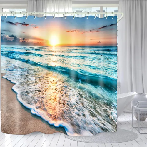 Miniatura 10 de LYFANS El baño tiene una cortina de ducha de playa al atardecer y la bañera tiene una lujosa cortina de ducha estándar. Cortina de ducha de tela
