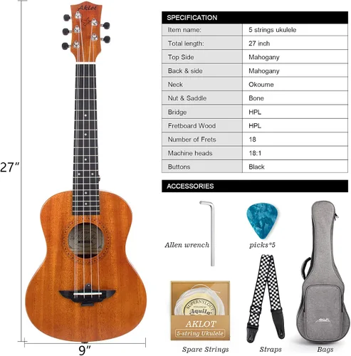 Miniatura 5 de AKLOT Ukelele tenor de 5 cuerdas, ukelele tenor de 26 pulgadas, color caoba maciza, ukelele con bolsa de concierto, cinturón, cuerdas adicionales