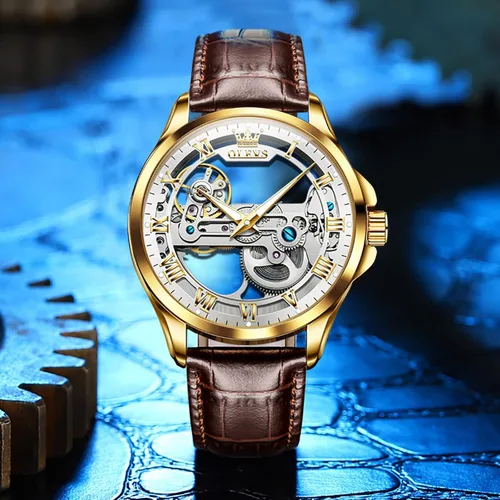 Miniatura 8 de OLEVS Relojes mecánicos automáticos para hombre, reloj esqueleto, impermeable, correa de cuero marrón, negro, oro rosa, relojes de pulsera