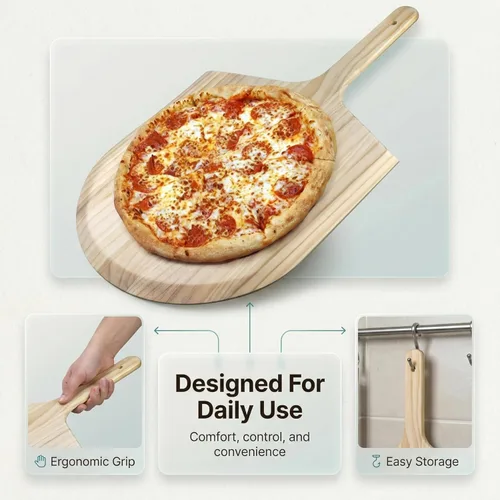 Miniatura 2 de KitchenDine Pela de madera para pizza, hoja de 16 x 14 pulgadas con mango de 8 pulgadas, madera de pino, longitud total de 24 pulgadas con borde