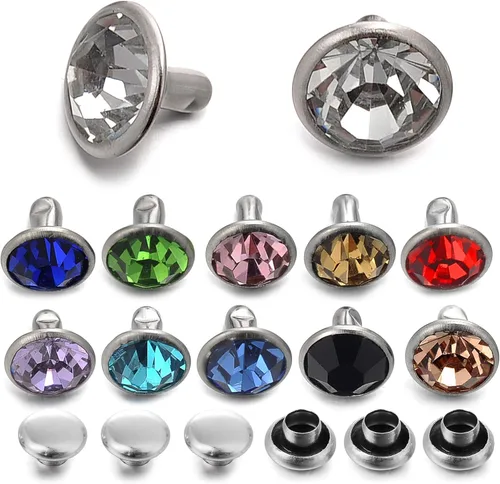 100 juegos de remaches de 8 mm de colores mixtos con cristales CZ, remaches de strass, remaches de plata con puntas de color plateado para