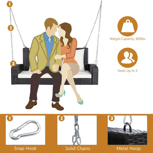 Miniatura 4 de Happygrill Banco de columpio para porche al aire libre para 2 personas con cojines suaves, cadena de acero reforzado de 7.9 pies, marco de acero