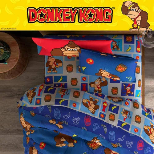 Miniatura 7 de Franco - Juego de ropa de cama coleccionable Nintendo Donkey Kong, 5 piezas, edredón reversible supersuave y juego de sábanas con funda, tamaño Rojo
