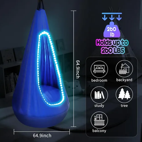 Miniatura 7 de Silla de columpio para niños con luz, columpio sensorial con arnés colgante y hamaca, columpio sensorial mejorado para niños con luces LED USB hasta