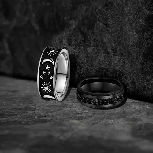 Miniatura 20 de LAOYOU Anillo giratorio para hombre para alivio de la ansiedad 0.315 in de acero inoxidable negro anillo de ansiedad con incrustaciones de cadena