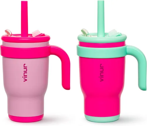 Miniatura 19 de VINUR Vaso para niños con asa - 14 oz de acero inoxidable con aislamiento al vacío de doble pared con tapa y pajita, vaso de agua de viaje