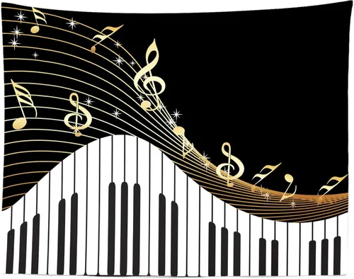 Miniatura 5 de BELECO Telón de fondo de música de piano de tela de 5 x 3 pies, teclas de notas musicales, teclas negras y doradas, fondo de fotografía, teclado