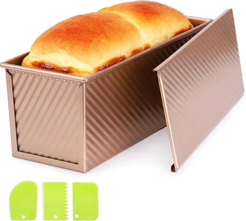 Miniatura 17 de Beasea Pullman - Molde para pan con tapa, paquete de 2, moldes para pan de 1 libra antiadherentes, caja para pan tostado de acero al carbono con Oro