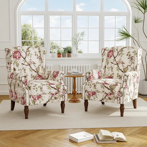 Miniatura 6 de Silla decorativa floral con respaldo alto, sillón tapizado con patas de madera maciza, cómodo sofá individual de lectura con respaldo alado