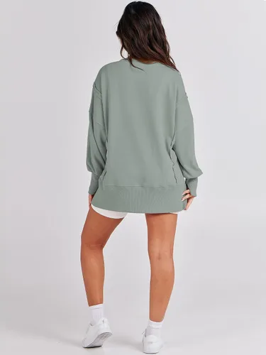 Miniatura 8 de ANRABESS Sudadera de gran tamaño para mujer, cuello redondo, manga larga, casual, con abertura, sin botones, ropa de otoño