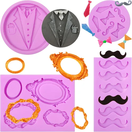 Molde de silicona para vestido del día del padre, bigote, corbatín para corbata, moldes para dulces, marco de fotos vintage, molde para hornear