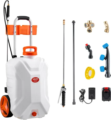 Miniatura 10 de VEVOR Pulverizador de mochila con batería de 4 galones con carro con ruedas, ajustable de 0-94 PSI, manguera de 13 pies, 6 boquillas, 2 varitas