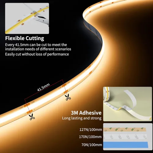 Miniatura 5 de PAUTIX Tira de luz LED COB 7.5m/24ft 3000K Blanco cálido 3780LEDs, Alto lúmen CRI90+ Súper brillante, Material libre de plomo DC24V Cinta LED