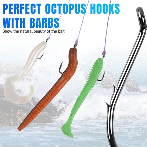 Miniatura 3 de AGOOL anzuelos de pesca con pico afilado de púas de pulpo, acero de alto carbono, ojo cerrado extra afilado para pesca de agua salada, tamaño 8 #