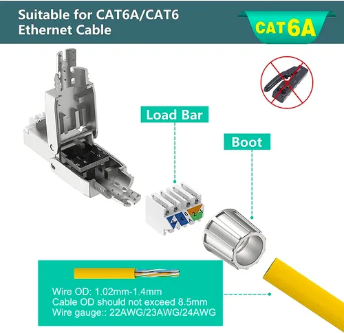 Miniatura 3 de VCELINK Conectores RJ45 Cat6A sin herramientas, tapones de terminación Ethernet blindados reutilizables para cable SFTP UTP de 23 AWG, enchufe