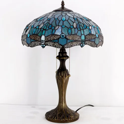Miniatura 3 de WERFACTORY Tiffany Lámpara de mesa de noche de cristal azul mar, lámpara de mesa estilo libélula luz de lectura de escritorio, base de metal, 16 x