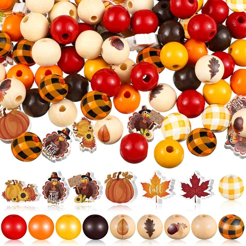 Miniatura 8 de Huwena 200 cuentas de madera de Acción de Gracias, calabaza, hoja de arce, espaciador redondo colorido suelto para Acción de Gracias, cuentas