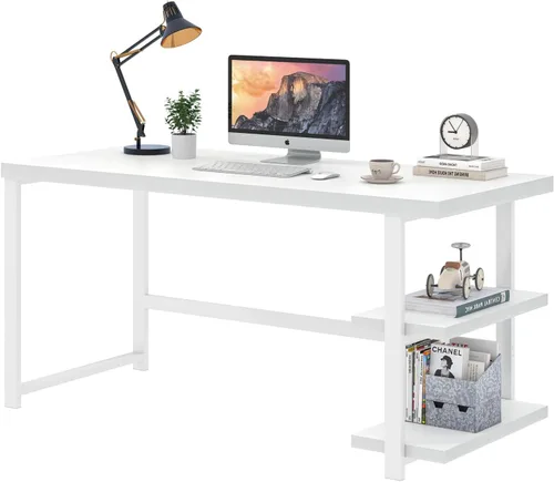 Miniatura 8 de EXCEFUR Escritorio blanco para computadora, moderno escritorio de oficina en casa con estante de almacenamiento, mesa de estudio de escritura