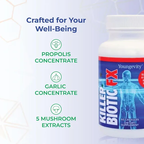 Miniatura 5 de Youngevity Killer Biotic FX - Apoyo al sistema inmunológico Propóleos de abeja, hongos y calostro Apoyo natural para la inmunidad 60 cápsulas