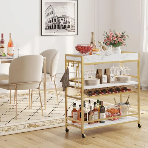 Miniatura 8 de BON AUGURE Carrito de Bar para el Hogar, Carrito de Bar Rodante para el Hogar con Ruedas, Carrito de Bebidas Móvil de 3 Niveles con Botellero